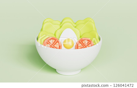 Fresh Vegetable Salad Bowl. Lettuce Egg Tomato . 3D Rendering Fresh Vegetable Salad Bowl. Lettuce Egg Tomato . 3D Rendering 126041472