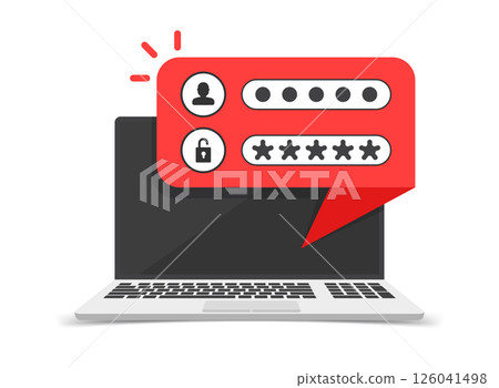 Laptop with account login icon in flat style. Password form page vector illustration on isolated background. User authorization sign business concept. 126041498