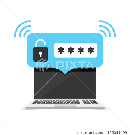 Laptop with account login icon in flat style. Password form page vector illustration on isolated background. User authorization sign business concept. 126041499