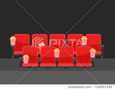 Movie seat with popcorn icon in flat style. Theater armchair vector illustration on isolated background. Spectacle sign business concept. 126041546