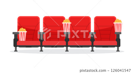 Movie seat with popcorn icon in flat style. Theater armchair vector illustration on isolated background. Spectacle sign business concept. 126041547