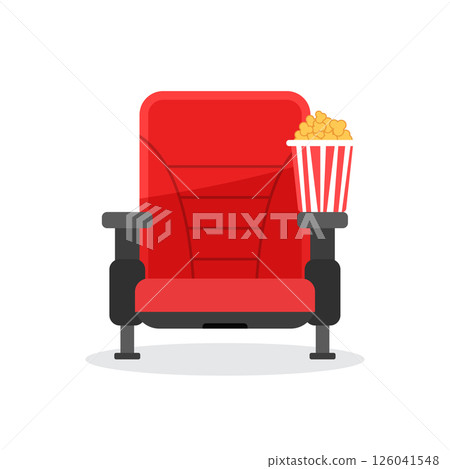 Movie seat with popcorn icon in flat style. Theater armchair vector illustration on isolated background. Spectacle sign business concept. 126041548