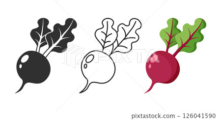 Beetroot vegetable with leaves icon set collection in flat style. Beet plant vector illustration on isolated background. Healthy food sign business concept. Beetroot vegetable with leaves icon set collection in flat style. Beet plant vector illustration on isolated background. Healthy food sign business concept. 126041590