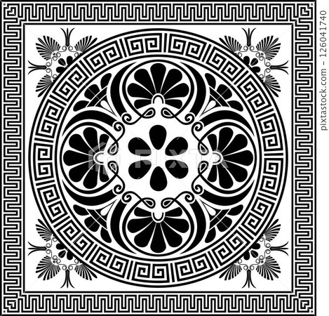 Greek vector square seamless pattern. Greek key meanders, floral ornaments. Black and white classic Greek square ornament, Ornamental greek key meanders, frames, borders, frames. Ornate greek style 126041740