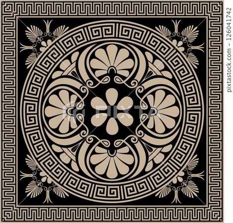 Greek vector seamless pattern. Greek key meanders, floral ornaments. Golden black classic Greek square ornament, Ornamental greek key meanders, frames, borders, frames. Ornate greek style background. 126041742