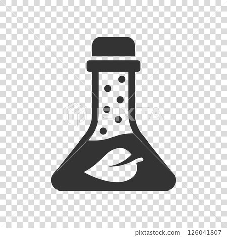 Chemistry glass icon in flat style. Lab flask with leaf vector illustration on white isolated background. Nature analysis sign business concept. 126041807