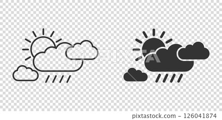 Weather icon in flat style. Sun, cloud and rain vector illustration on white isolated background. Meteorology sign business concept. 126041874