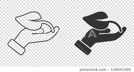 Hand with plant icon in flat style. Flower sprout vector illustration on white isolated background. Environmental protection sign business concept. Hand with plant icon in flat style. Flower sprout vector illustration on white isolated background. Environmental protection sign business concept. 126041880