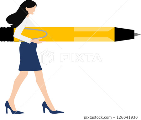 一位女商人拿著一支大原子筆的插圖 一位女商人拿著一支大原子筆的插圖 126041930