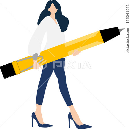 一位女商人拿著一支大原子筆的插圖 一位女商人拿著一支大原子筆的插圖 126041931