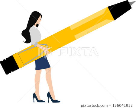 一位女商人拿著一支大原子筆的插圖 126041932