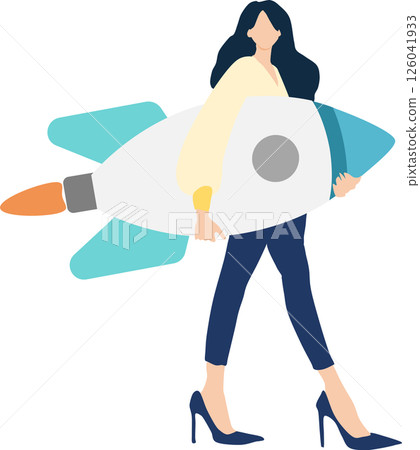 Illustration of a businesswoman holding a rocket 126041933