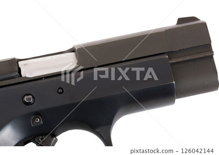 Close-up of pistol slide with chamber detail 126042144