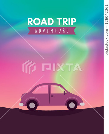 road trip adventure car on polar lights colorful sky background vector illustration 126042361