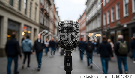 Modern microphone on busy urban street with crowd of pedestrians in background Modern microphone on busy urban street with crowd of pedestrians in background 126042427