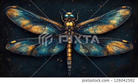 Vibrant Dragonfly with Intricate Patterns and Captivating Colors on a Dark Background 126042502