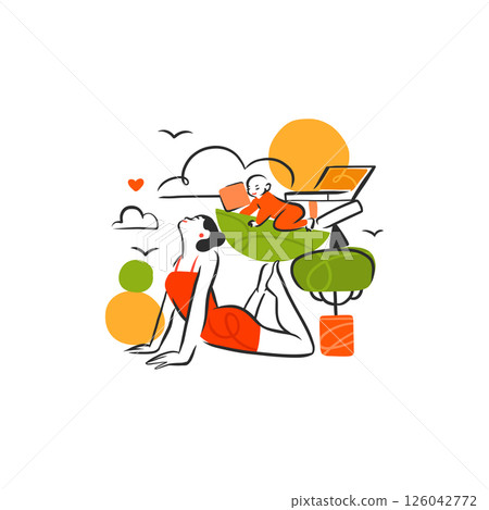 Hand drawn vector graphic cartoon line illustration with woman does yoga and keeps her life in balance. Multitasking mother with baby child meditating in harmony. Business mother life concept. Hand drawn vector graphic cartoon line illustration with woman does yoga and keeps her life in balance. Multitasking mother with baby child meditating in harmony. Business mother life concept. 126042772
