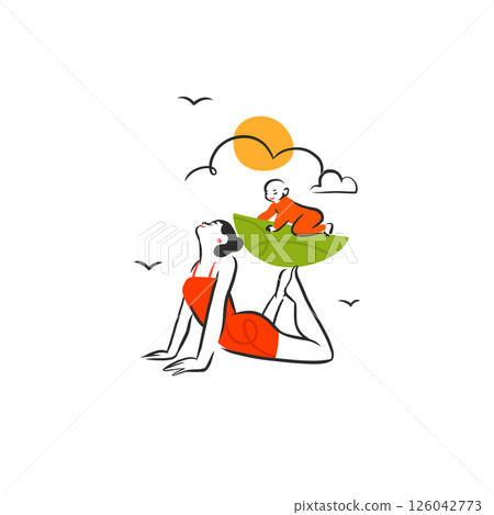 Hand drawn vector graphic cartoon line illustration with woman does yoga and keeps her life in balance. Multitasking mother with baby child meditating in harmony. Active mother life concept. Hand drawn vector graphic cartoon line illustration with woman does yoga and keeps her life in balance. Multitasking mother with baby child meditating in harmony. Active mother life concept. 126042773
