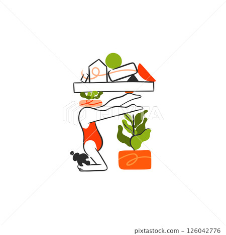 Hand drawn vector graphic cartoon line illustration with woman does yoga and keeps her life in balance. Multitasking skills, effective time management and productivity concept Hand drawn vector graphic cartoon line illustration with woman does yoga and keeps her life in balance. Multitasking skills, effective time management and productivity concept 126042776