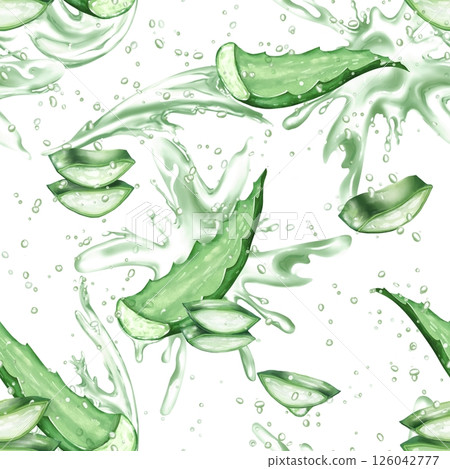 Seamless pattern of hand-drawn watercolor aloe vera leaves with water splashes, perfect for natural beauty and wellness designs. 126042777