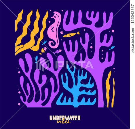 Underwater sea seaweed coral and fish cartoon square composition. Ocean abstract coral reef, marine or aquarium flat vector illustration. Undersea exotic design naive seascape background 126042887