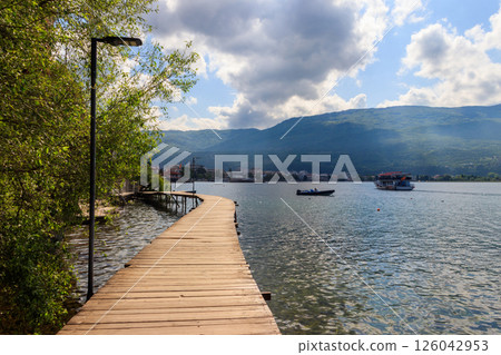 The wooden Bridge of Wishes along the Ohrid lake in Ohrid, North Macedonia 126042953
