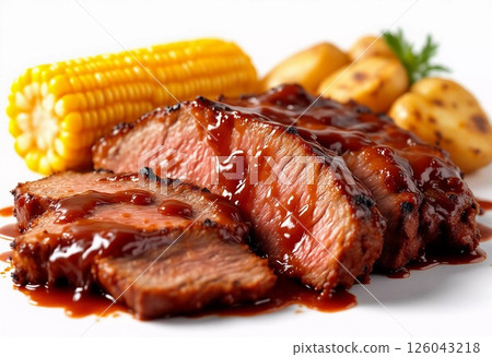 Delicious Barbecued Beef Served With Corn and Roasted Potatoes on a Plate. Generative AI 126043218