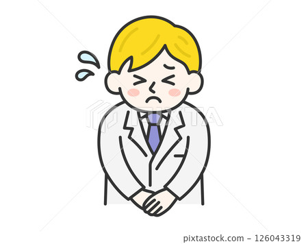 一位白人男醫生（線條畫顏色）低頭道歉的插圖 126043319
