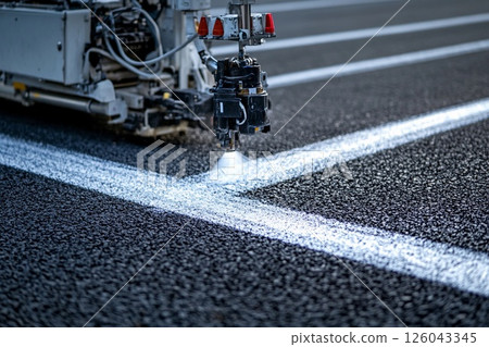 Road Marking Machine Paints Fresh Lines on a Busy Urban Street. Generative AI 126043345
