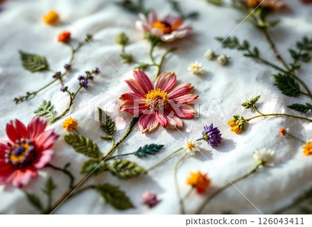 Delicate Floral Embroidery Brings Vibrant Colors to Soft White Fabric, Showcasing Intricate Designs 126043411