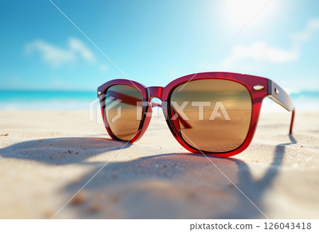 Vibrant Sunglasses Resting on a Sunlit Beach With Clear Blue Waters. Generative AI 126043418