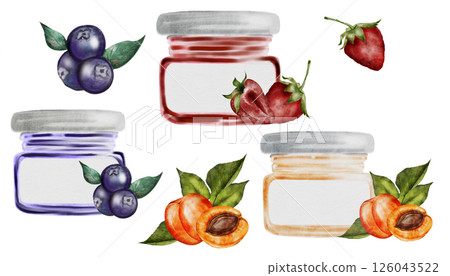 Jam watercolor illustration. Hand drawn canned sweets on white background. Clip art food. Ideal for packaging goods with jam apricot, blueberry and strawberry. Organic food Jam watercolor illustration. Hand drawn canned sweets on white background. Clip art food. Ideal for packaging goods with jam apricot, blueberry and strawberry. Organic food 126043522