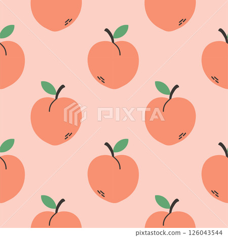 Peach summer pattern on pink background. Simple seamless pattern with peaches. Vector design for greeting card and invitation of seasonal summer holiday Peach summer pattern on pink background. Simple seamless pattern with peaches. Vector design for greeting card and invitation of seasonal summer holiday 126043544