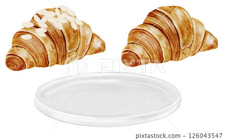 Croissant watercolor set. Hand drawn fresh french bun with a white plate. Food clip art. Ideal for bakery prints, postcards and pastry shop posters. Croissant watercolor set. Hand drawn fresh french bun with a white plate. Food clip art. Ideal for bakery prints, postcards and pastry shop posters. 126043547