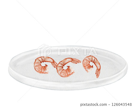 Shrimp on a plate watercolor. Hand drawn crustacean on isolated white background. Food clip art. Ideal for restaurant menus, product packaging and cookbook design Shrimp on a plate watercolor. Hand drawn crustacean on isolated white background. Food clip art. Ideal for restaurant menus, product packaging and cookbook design 126043548