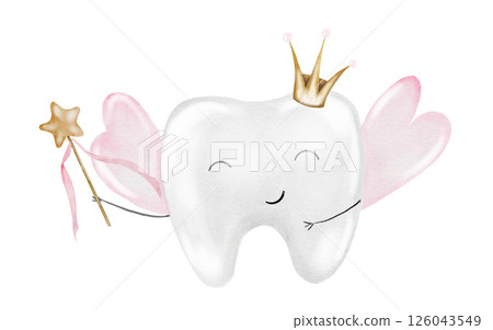Baby tooth watercolor. Cute cartoon molar with crown and a magic wand on isolated white background. Dental clip art. Ideal for cards and invitations to the party baby's first tooth, posters in the Baby tooth watercolor. Cute cartoon molar with crown and a magic wand on isolated white background. Dental clip art. Ideal for cards and invitations to the party baby's first tooth, posters in the 126043549