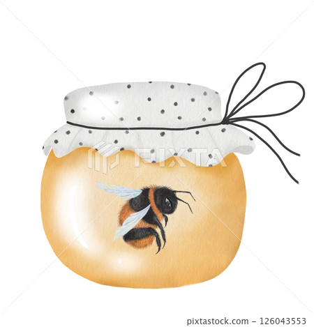 Jar with honey watercolor. Hand drawn dessert on white background. Ideal for tags and labels of organic farm honey Jar with honey watercolor. Hand drawn dessert on white background. Ideal for tags and labels of organic farm honey 126043553