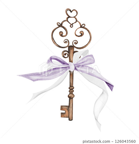 Vintage key watercolor. Hand drawn bronze key with violet bow on isolated white background. Clip art shabby chic. Ideal for posters, postcards and blog design 126043560