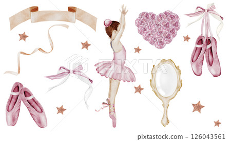 Ballet set watercolor. Hand drawn watercolor ballerina collection. Accessories for dancing girl. Perfect for ballet school, banners and cards 126043561