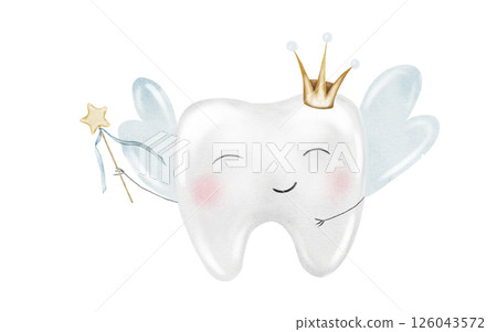 Baby tooth watercolor. Cute cartoon molar with crown and a magic wand on isolated white background. Dental clip art. Ideal for cards and invitations to the party baby's first tooth, posters in the 126043572
