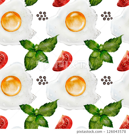 Scrambled eggs watercolor pattern. Hand drawn seamless eggs with tomatoes and herbs. Ideal for restaurant menus, food packaging and cookbooks. 126043578