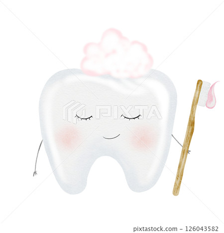 Tooth watercolor. Cute cartoon baby molar with toothbrush on isolated white background. Dental clip art. Ideal for cards and invitations to the party baby's first tooth, posters in the doctor's office 126043582