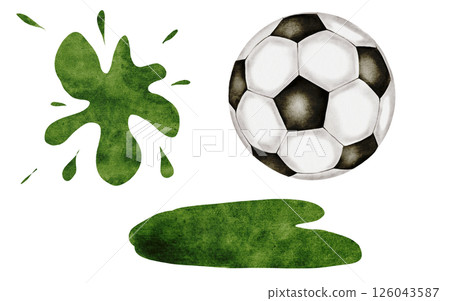 Football watercolor set. Soccer ball and grass and green blot on a white background. Ideal for children's and sports equipment, packaging Football watercolor set. Soccer ball and grass and green blot on a white background. Ideal for children's and sports equipment, packaging 126043587