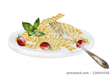 Fusili pasta on a plate with a fork, watercolor painting. Hand drawn italian macaroni with tomatoes and basil on white background. Food clip art. Ideal for pasta packaging, restaurant menus and Fusili pasta on a plate with a fork, watercolor painting. Hand drawn italian macaroni with tomatoes and basil on white background. Food clip art. Ideal for pasta packaging, restaurant menus and 126043588