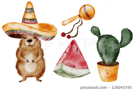 Capybara watercolor. A funny cartoon animal in a Mexican sombrero hat with a watermelon and cactus. Cute water pig hand drawing on isolated white background. Clip art of a friendly guinea pig. Ideal Capybara watercolor. A funny cartoon animal in a Mexican sombrero hat with a watermelon and cactus. Cute water pig hand drawing on isolated white background. Clip art of a friendly guinea pig. Ideal 126043595