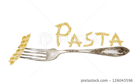 Pasta with a fork and an inscription. Hand drawn italian macaroni on white background. Food clip art. Ideal for pasta packaging, restaurant menus and posters Pasta with a fork and an inscription. Hand drawn italian macaroni on white background. Food clip art. Ideal for pasta packaging, restaurant menus and posters 126043596