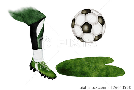 Soccer football watercolor set. Hand drawn sports equipment on white background. Clip art football. Ideal for posters and game tickets 126043598