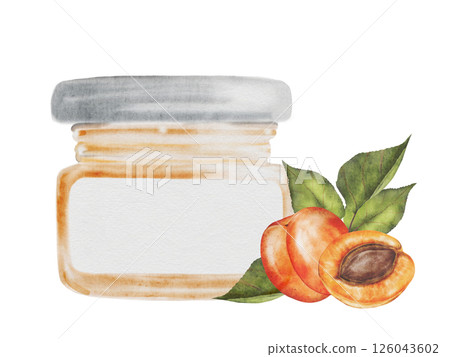 Jam apricot jar watercolor. Hand drawn canned sweets on white background. Clip art food. Ideal for packaging goods with jam. Organic food 126043602