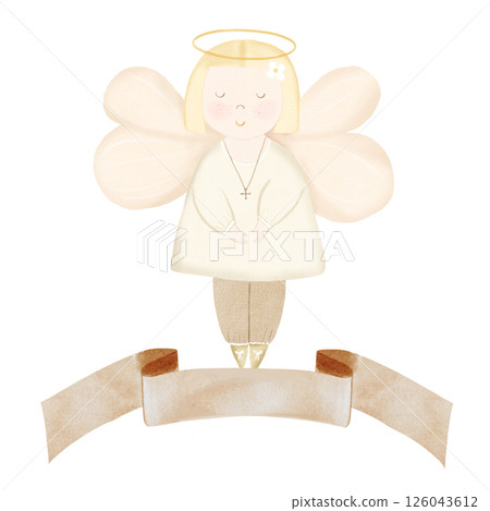 Baby baptism watercolor card. Illustrations angel on isolated white background. Cute clipart for design of christening and birth cards and banners Baby baptism watercolor card. Illustrations angel on isolated white background. Cute clipart for design of christening and birth cards and banners 126043612