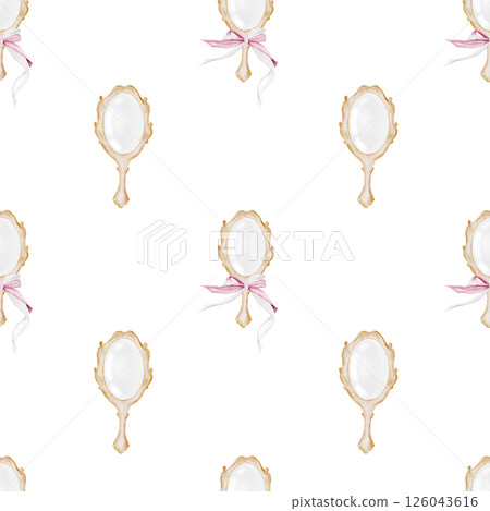 Mirror Watercolor seamless pattern. Hand drawn vintage mirror with handle. Clip art of beauty accessory. Perfect for posters, cards and stickers. 126043616